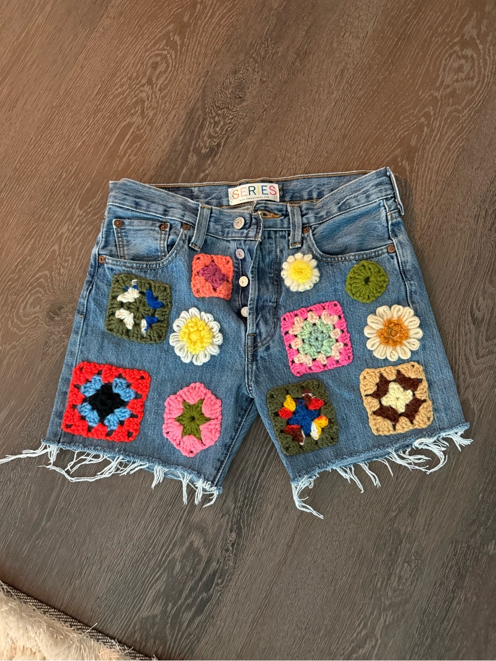 The Series Crochet Patch Denim Shorts in Blue